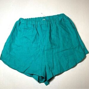 VITAMIN A Tallows Short 100% Linen in Aqua Curved Hem Pockets Pull On Size XS